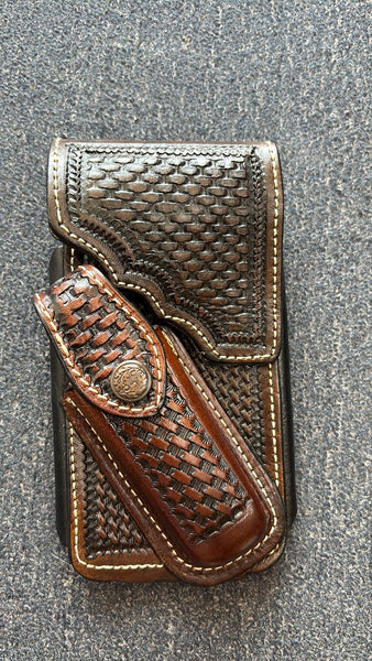 BASKETWEAVE LEATHER HOLSTER PHONE POUCH WITH KNIFE HOLDER FRONT EXTRA LARGE  BELT LOOP CELL PHONE CASE UNIVERSAL OVERSIZE #EH13002