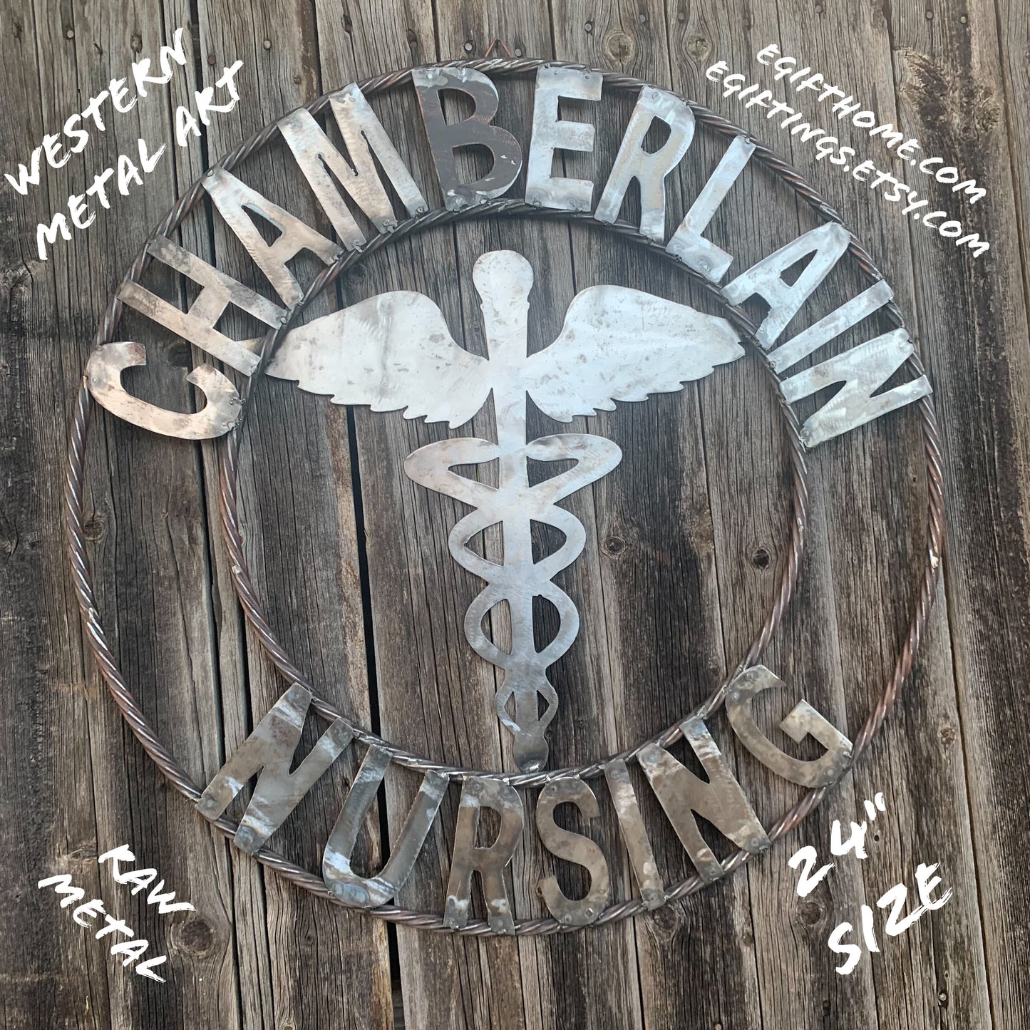 CUSTOM NAME CHAMBERLAIN NURSING STYLE TWISTIED RING BARN RUSTIC BRONZE METAL SIGN WESTERN HOME DECOR HANDMADE 24",32",36"