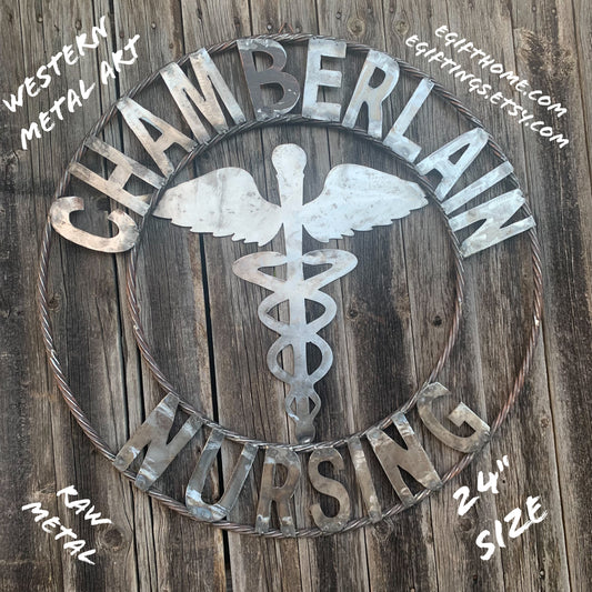 CUSTOM NAME CHAMBERLAIN NURSING STYLE TWISTIED RING BARN RUSTIC BRONZE METAL SIGN WESTERN HOME DECOR HANDMADE 24",32",36"