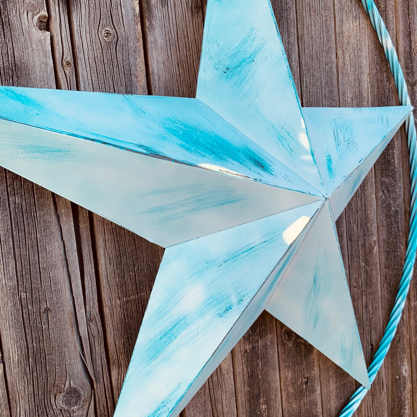 #EH11219 TURQUOISE WHITE DISTRESSED STAR TWO TONE TEXTURE BARN STAR METAL LONESTAR TWISTED ROPE RING WESTERN HOME DECOR HANDMADE NEW