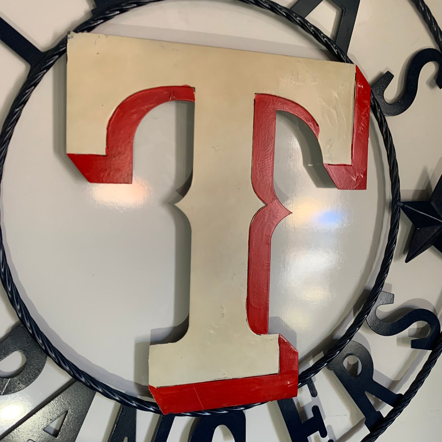 12", 18", 24", 32" TEXAS RANGERS BARN CUSTOM METAL VINTAGE CRAFT SIGN TEAM  WHITE & RED & NAVY BLUE RING & STAR HANDMADE