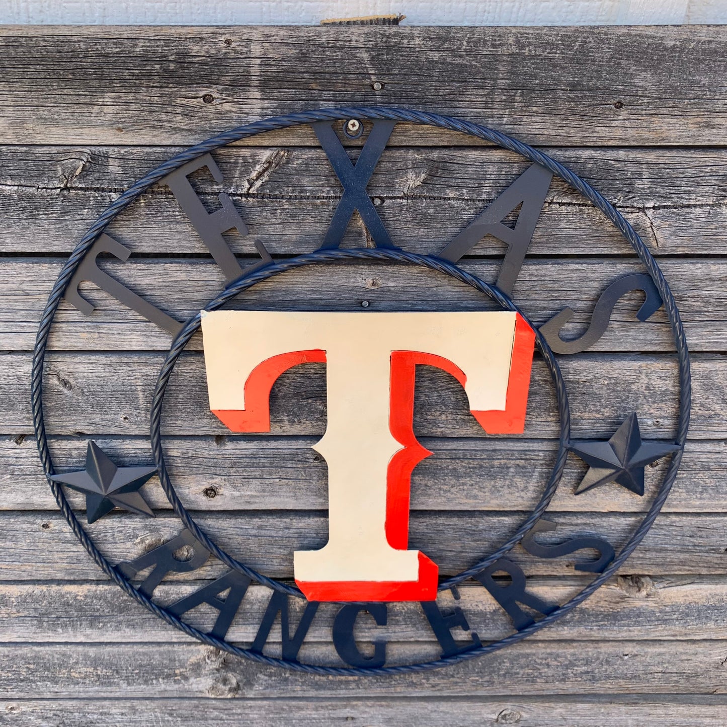 12", 18", 24", 32" TEXAS RANGERS BARN CUSTOM METAL VINTAGE CRAFT SIGN TEAM  WHITE & RED & NAVY BLUE RING & STAR HANDMADE