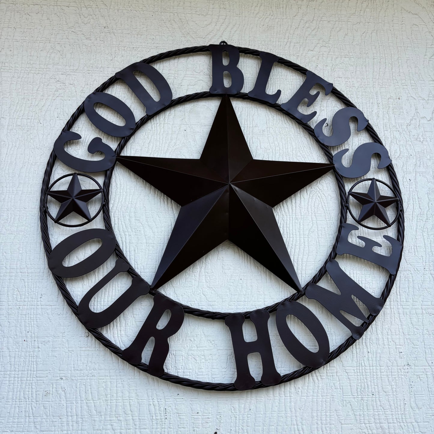 GOD BLESS OUR HOME BLACK BARN STAR METAL LONE STAR TWISTED ROPE RING WESTERN HOME DECOR HANDMADE #EH10941