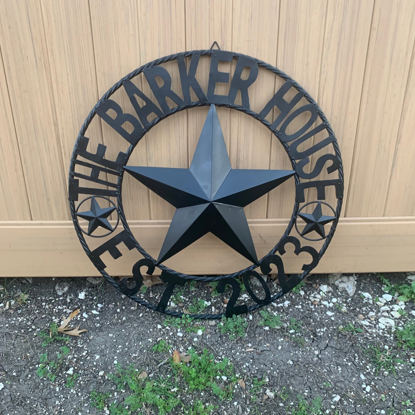 BARKER STYLE CUSTOM NAME STAR BARN METAL STAR 3d TWISTED ROPE RING LONESTAR WESTERN HOME DECOR RUSTIC BLACK HANDMADE 24",32",36",50"