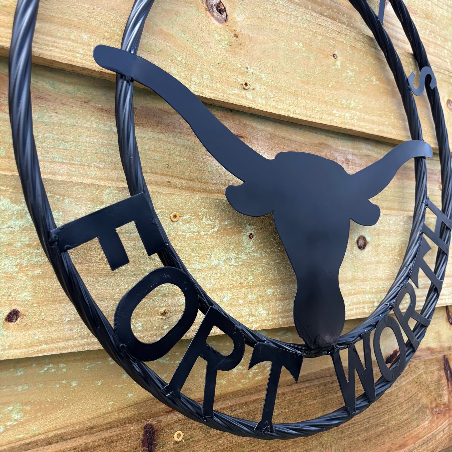 TEXAS FORT WORTH METAL SIGN LONGHORNS BLACK WESTERN HOME DECOR HANDMADE