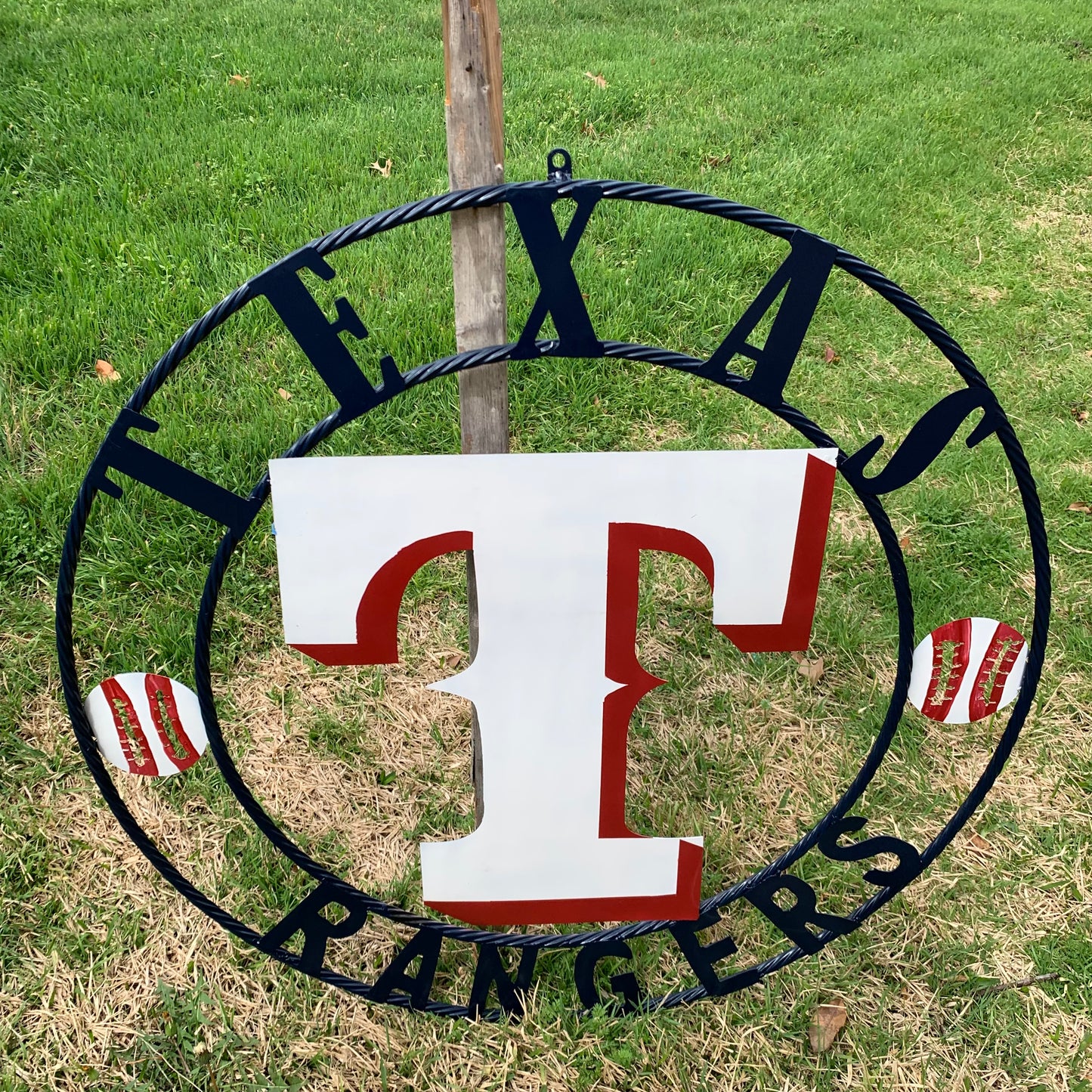 TEXAS RANGERS CUSTOM METAL VINTAGE CRAFT TEAM SIGN WHITE & RED & NAVY BLUE RING HANDMADE
