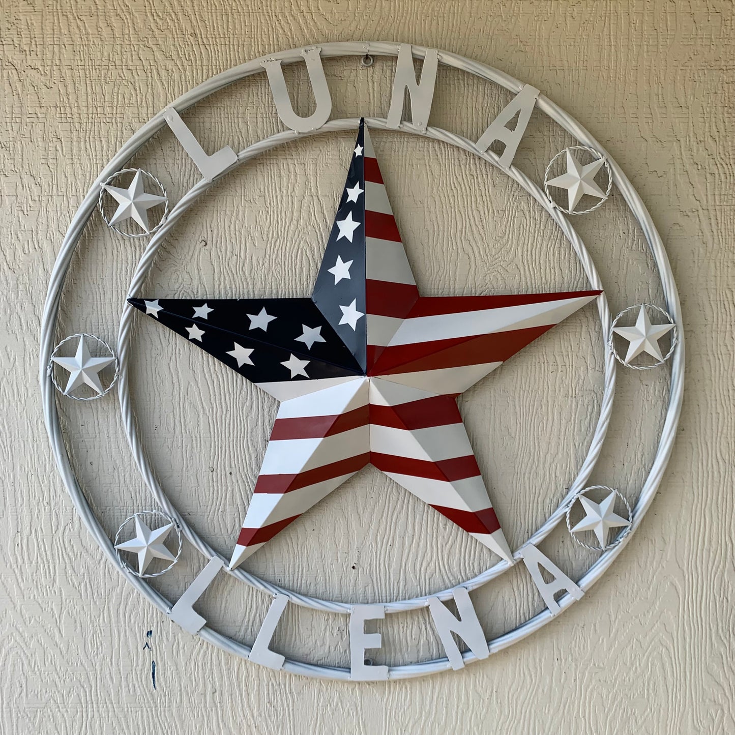 LUNA STYLE CUSTOM NAME BARN STAR METAL STAR 3d TWISTED ROPE RING WESTERN HOME DECOR USA FLAG STAR RED WHOTE & BLUE WITH WHITE RING HANDMADE 24",32",36",50"