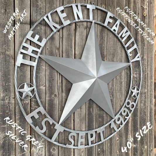 KENT STYLE CUSTOM STAR NAME BARN METAL STAR 3d TWISTED ROPE RING WESTERN HOME DECOR RUSTIC GREY SILVER HANDMADE 24",32",36",50"