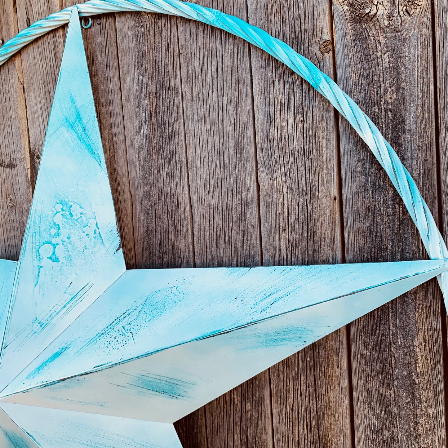 #EH11219 TURQUOISE WHITE DISTRESSED STAR TWO TONE TEXTURE BARN STAR METAL LONESTAR TWISTED ROPE RING WESTERN HOME DECOR HANDMADE NEW