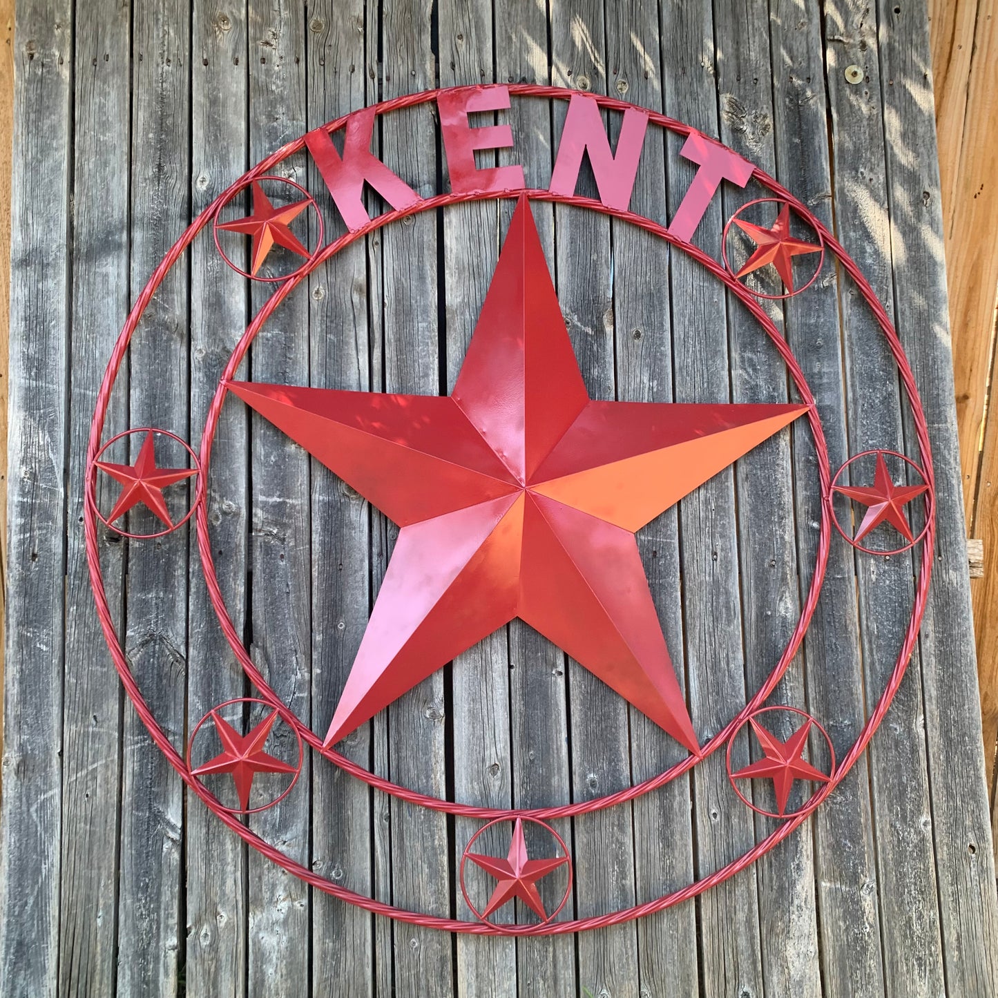 KENT STYLE YOUR CUSTOM STAR METAL NAME RUSTIC BURGUNDY RED CUSTOM 3d STAR METAL NAME BARN STAR TWISTED ROPE RING DESIGN METAL WALL ART HOME DECOR ANY SIZE