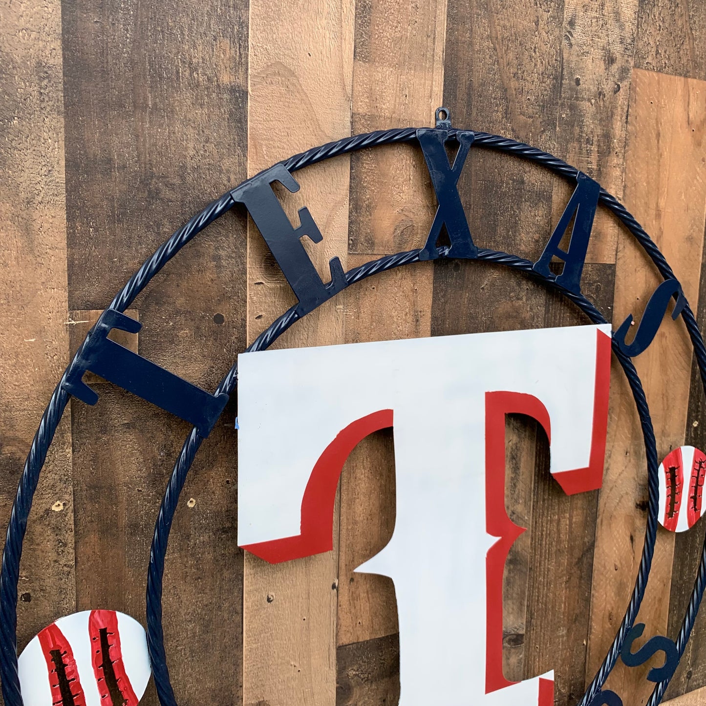 TEXAS RANGERS CUSTOM METAL VINTAGE CRAFT TEAM SIGN WHITE & RED & NAVY BLUE RING HANDMADE