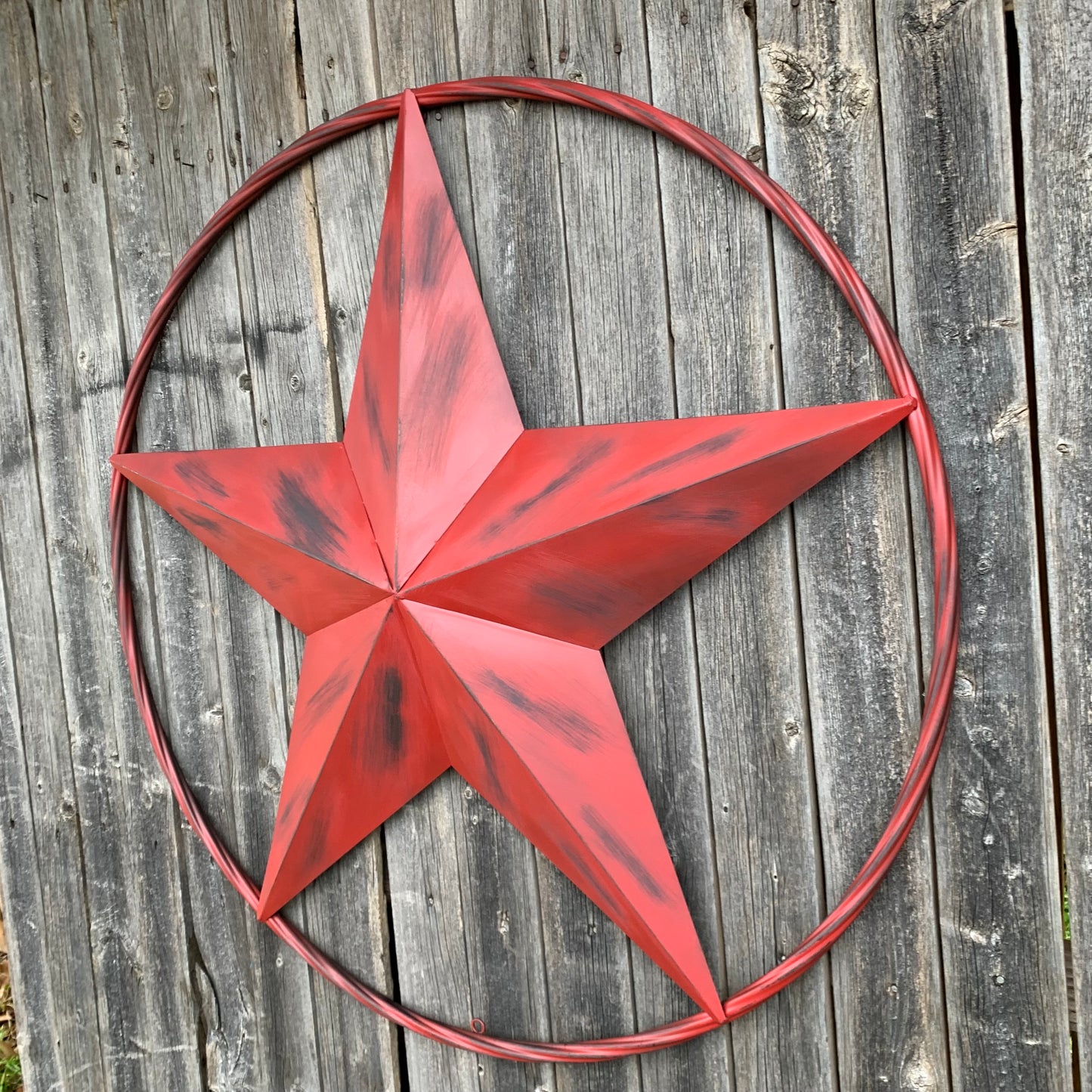RED DISTRESSED STAR TWO TONE TEXTURE BARN STAR METAL LONESTAR TWISTED ROPE RING WESTERN HOME DECOR HANDMADE NEW #EH12958
