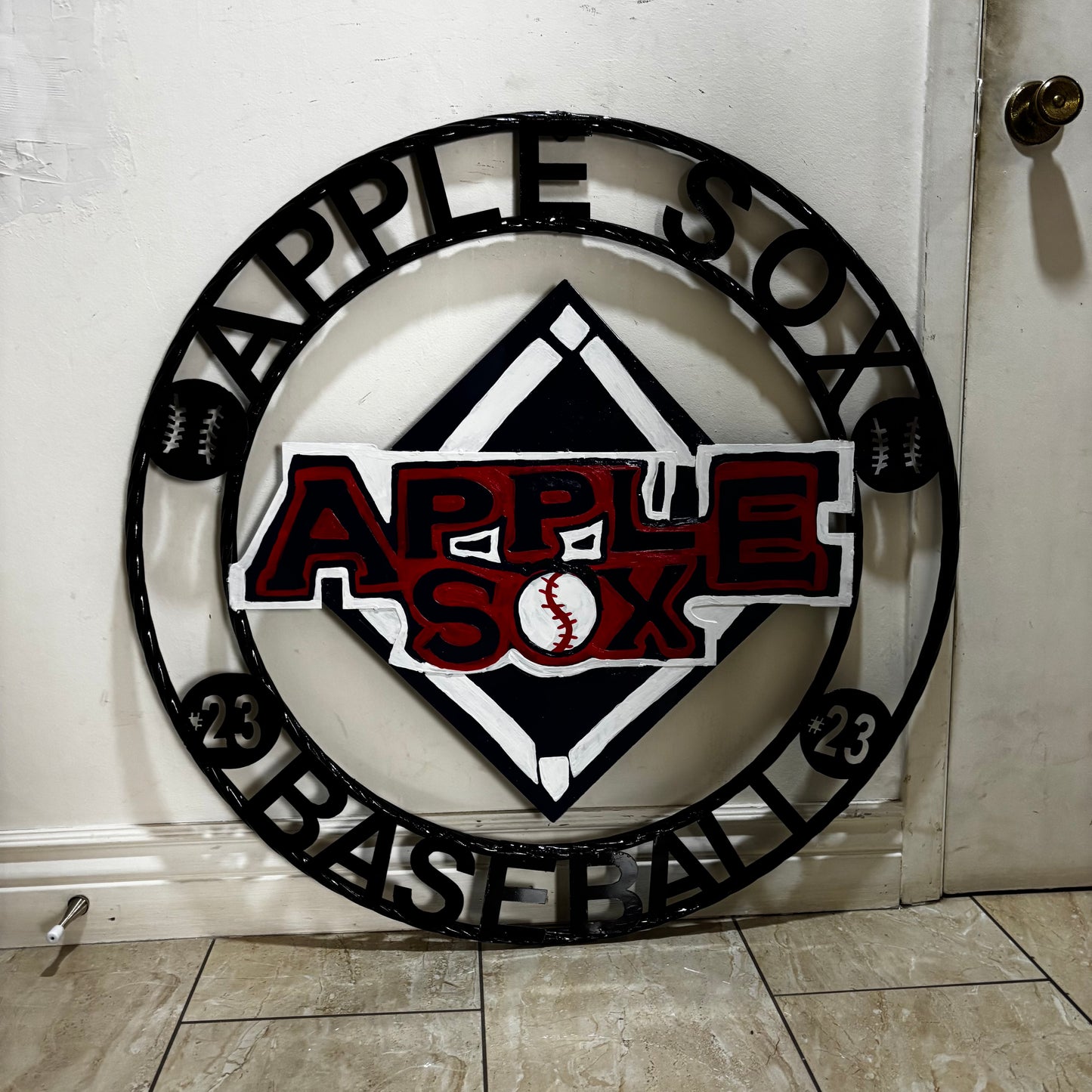 APPLE SOX BASEBALL CUSTOM METAL VINTAGE CRAFT SIGN TEAM NAVY BLUE WHITE RED HANDMADE
