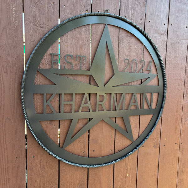 30" KHARMAN CUSTOM NAME SIGN LASERCUT CUSTOM METAL VINTAGE CRAFT SIGN WITH TWISTED ROPE RING WESTERN HOME DECOR HANDMADE NEW