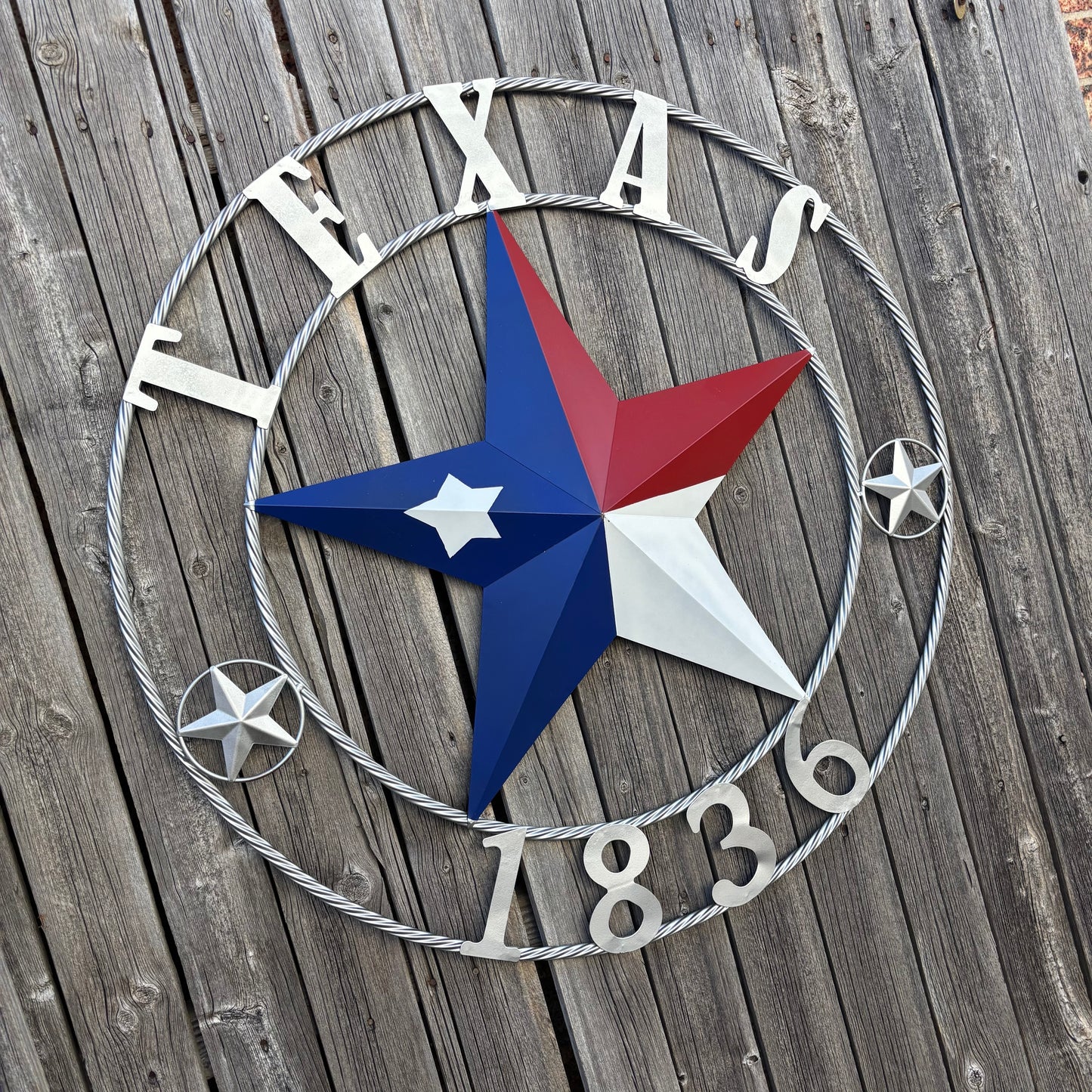 1836 TEXAS 1836 FLAG STAR RED WHITE BLUE TWISTED SILVER RING WESTERN HOME DECOR HANDMADE NEW