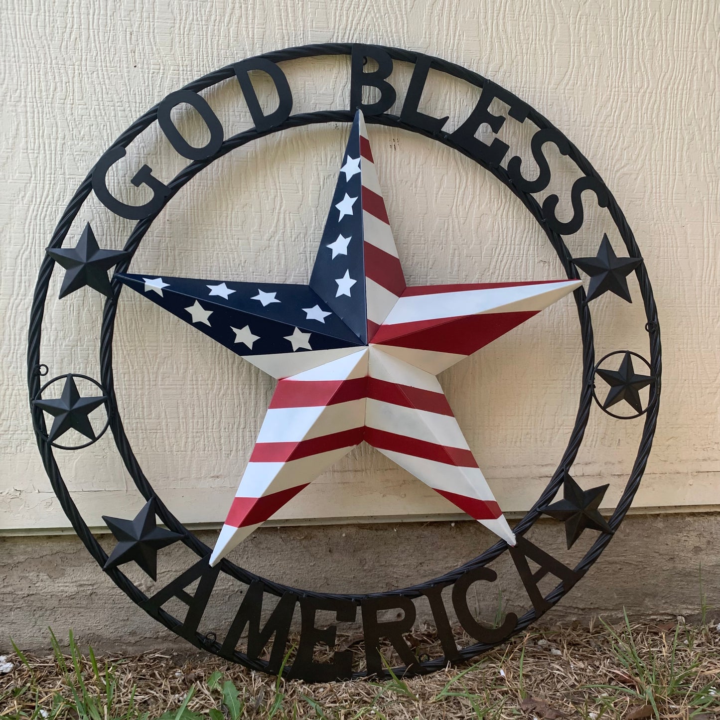 GOD BLESS AMERICA USA FLAG 3d STAR METAL BARN STAR BLACK TWISTED ROPE RING WALL ART WESTERN HOME DECOR RED WHITE & BLUE HANDMADE NEW #EH10490