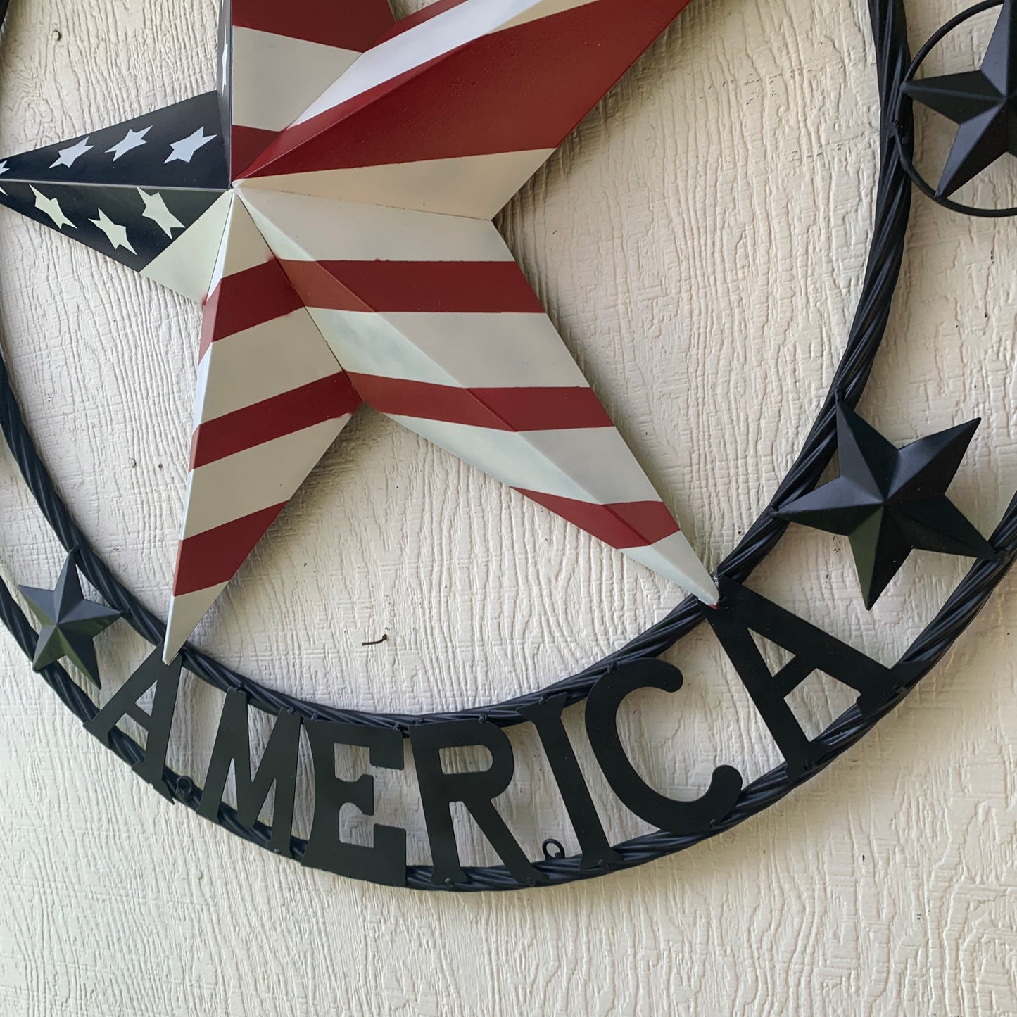 GOD BLESS AMERICA USA FLAG 3d STAR METAL BARN STAR BLACK TWISTED ROPE RING WALL ART WESTERN HOME DECOR RED WHITE & BLUE HANDMADE NEW #EH10490