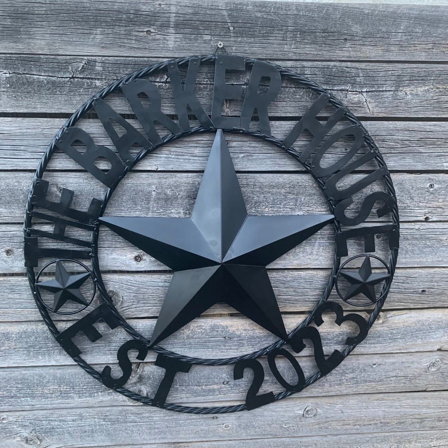 BARKER STYLE CUSTOM NAME STAR BARN METAL STAR 3d TWISTED ROPE RING LONESTAR WESTERN HOME DECOR RUSTIC BLACK HANDMADE 24",32",36",50"
