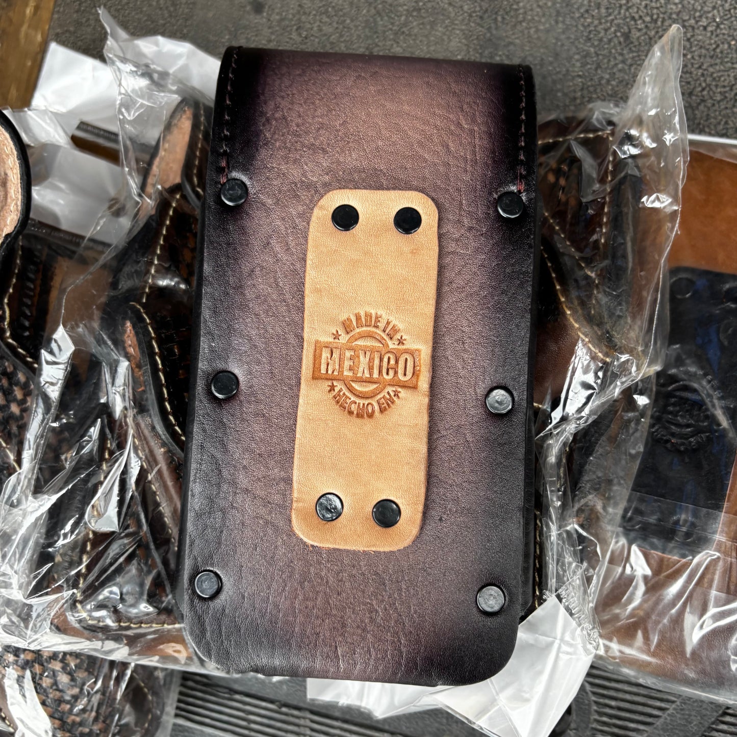LEAF LEATHER HOLSTER 7" PHONE POUCH WITH KNIFE HOLDER FRONT EXTRA LARGE  BELT LOOP CELL PHONE CASE UNIVERSAL OVERSIZE MEXICO MADE #EH