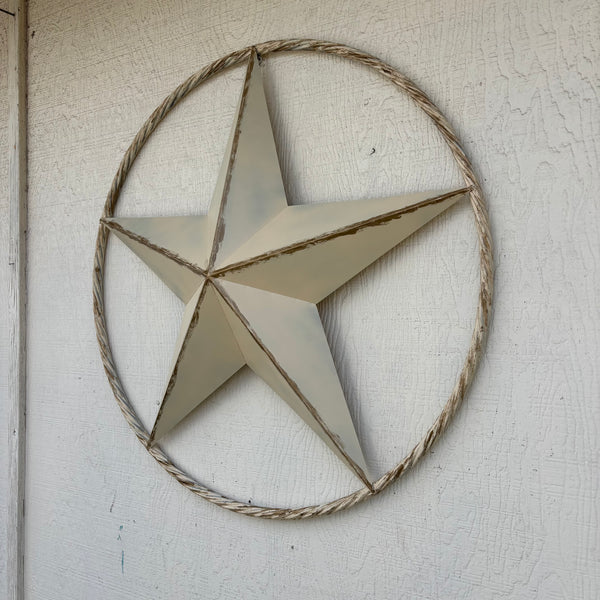 DISTRESSED IVORY WHITE ANTIQUE STAR TWIST ROPE RING METAL WALL ART WESTERN HOME DECOR HANDMADE #EH13132