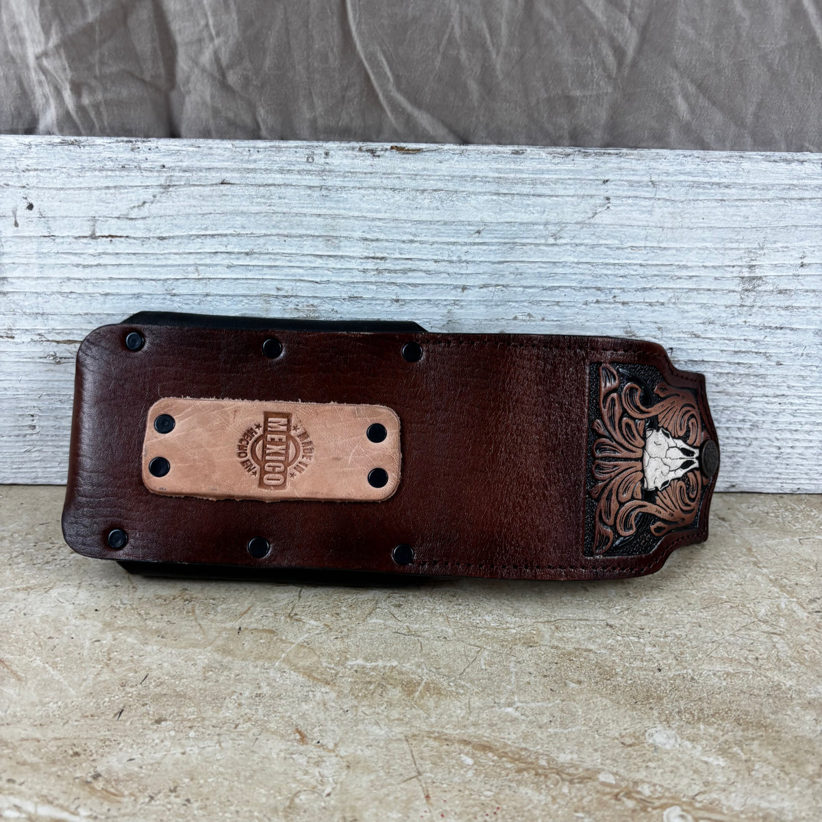 LONGHORN LEATHER HOLSTER 7" PHONE POUCH WITH KNIFE HOLDER FRONT EXTRA LARGE  BELT LOOP CELL PHONE CASE UNIVERSAL OVERSIZE MEXICO MADE #EH13806