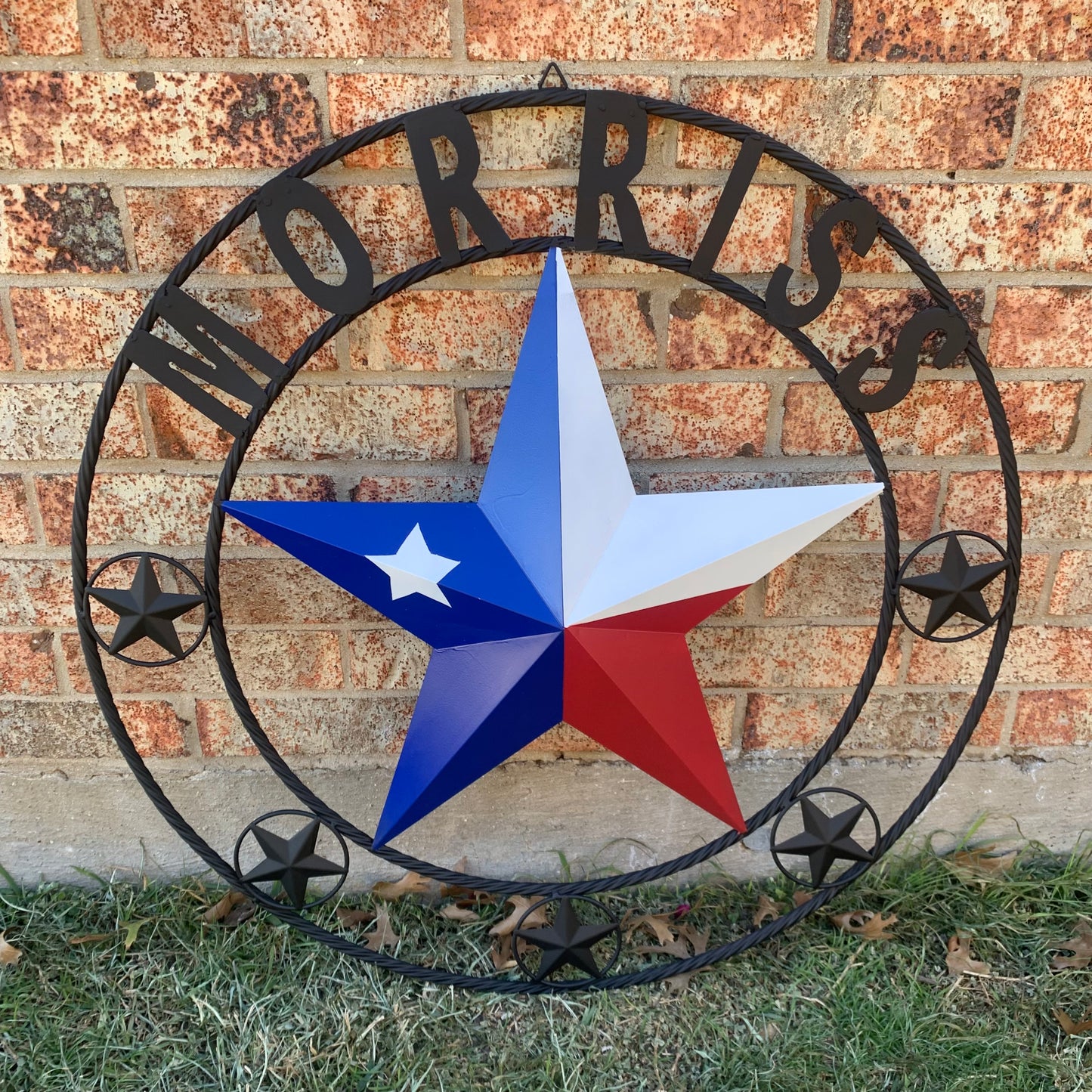 MORRISS TEXAS FLAG STYLE CUSTOM NAME STAR TWISTED ROPE BLACK RING WESTERN HOME DECOR HANDMADE