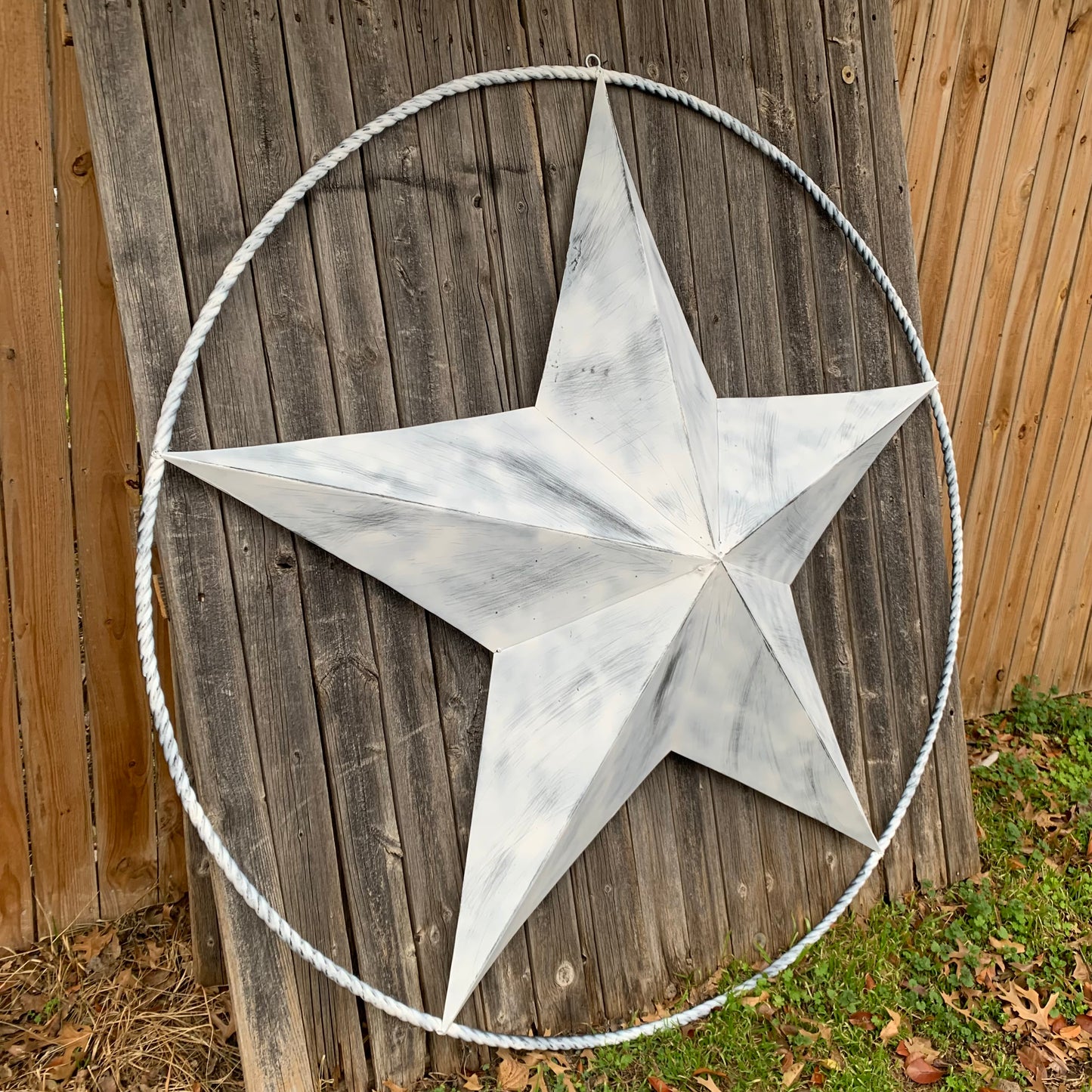 5 FOOT WHITE DISTRESSED STAR TWO TONE TEXTURE BARN STAR METAL LONESTAR TWISTED ROPE RING WESTERN HOME DECOR HANDMADE NEW