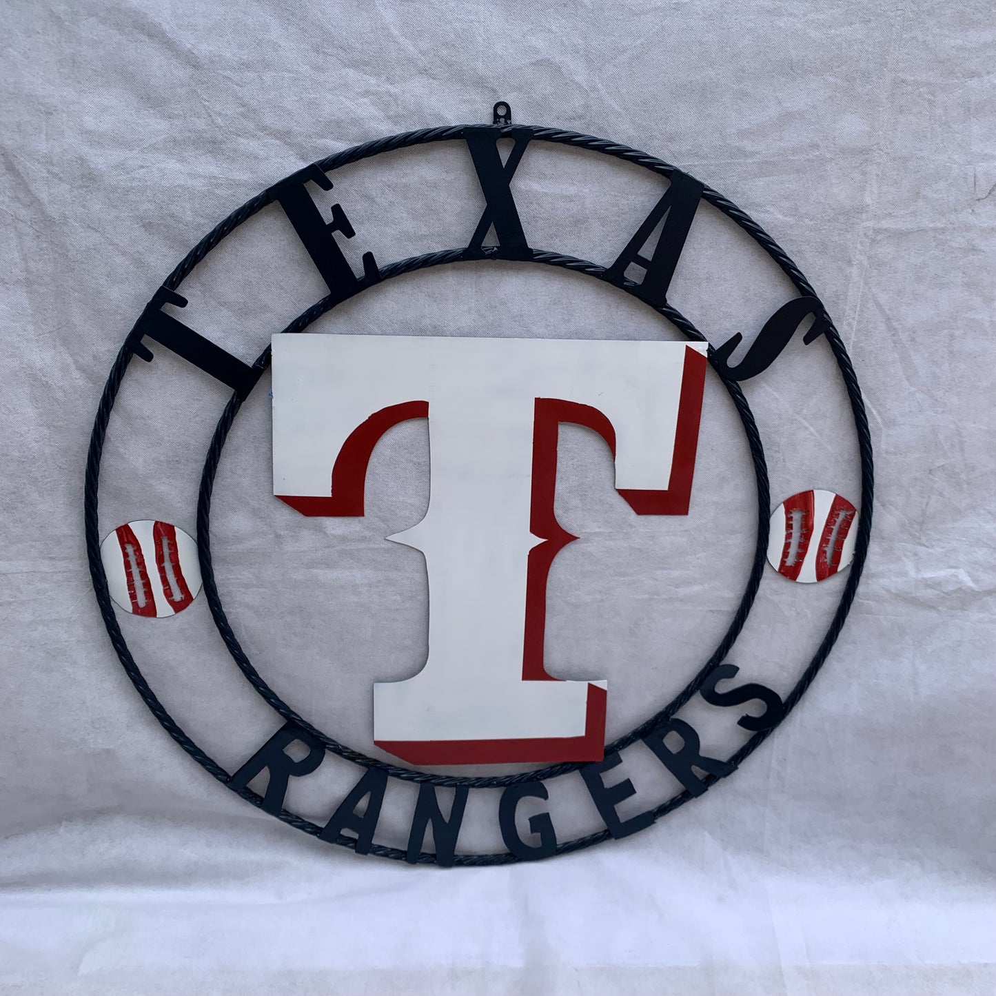 TEXAS RANGERS CUSTOM METAL VINTAGE CRAFT TEAM SIGN WHITE & RED & NAVY BLUE RING HANDMADE