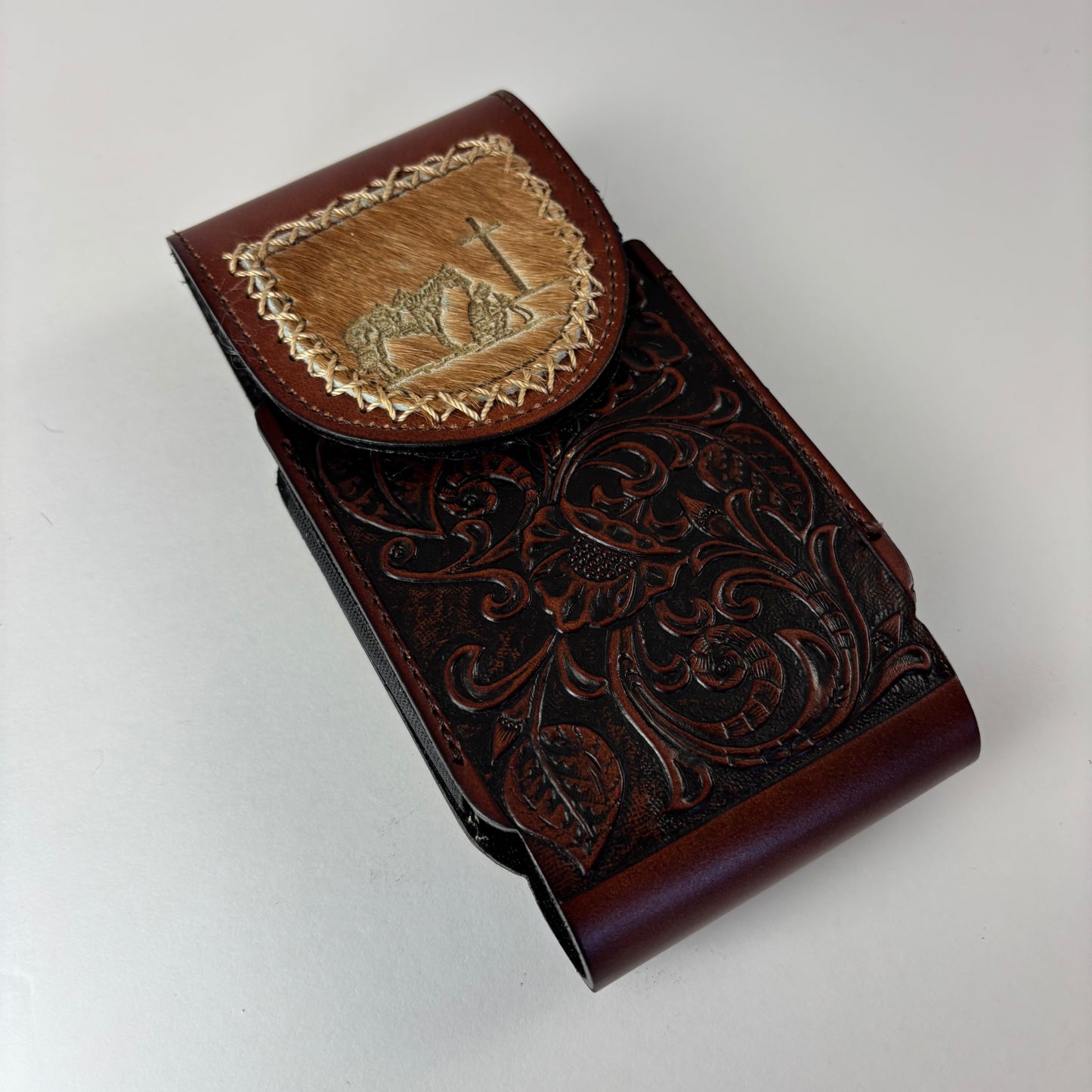 7" COWBOY PRAYER  LEATHER HOLSTER BROWN POUCH EXTRA LARGE  BELT LOOP CELL PHONE CASE UNIVERSAL OVERSIZE #EH13322