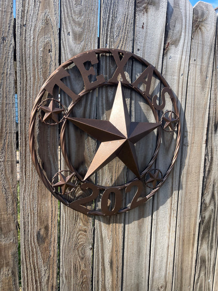 TEXAS 202 STYLE CUSTOM STAR NAME BARN METAL STAR 3d TWISTED ROPE RING WESTERN HOME DECOR RUSTIC  BRONZE HANDMADE 18", 24",32",36",50"
