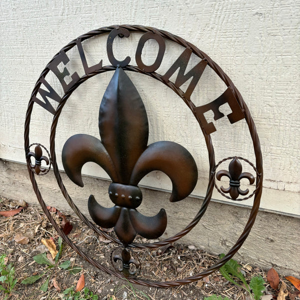 24" WELCOME FLEUR DE LIS METAL WALL ART WESTERN HOME DECOR BROWN NEW #EH11997