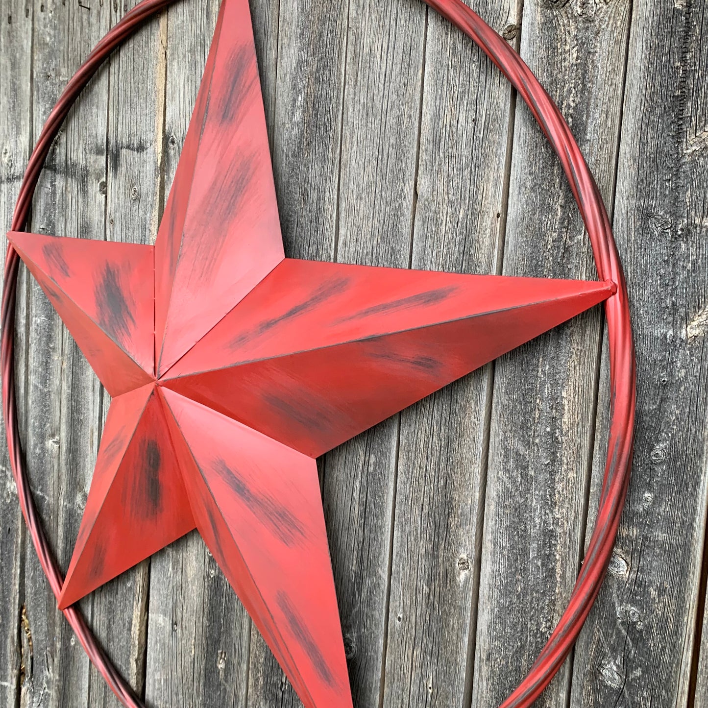 RED DISTRESSED STAR TWO TONE TEXTURE BARN STAR METAL LONESTAR TWISTED ROPE RING WESTERN HOME DECOR HANDMADE NEW #EH12958