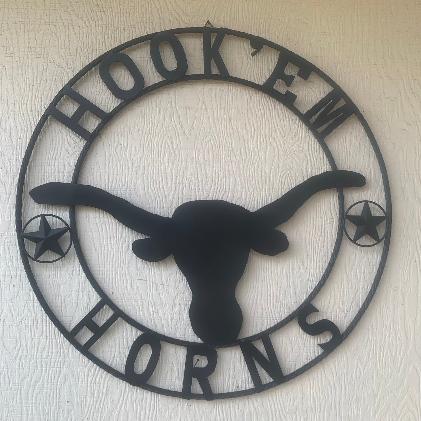 HOOKEM HORNS WITH LONE STAR TEXAS LONGHORNS HOOK EM BLACK METAL CUSTOM VINTAGE CRAFT WALL ART TEAM SIGN HANDMADE