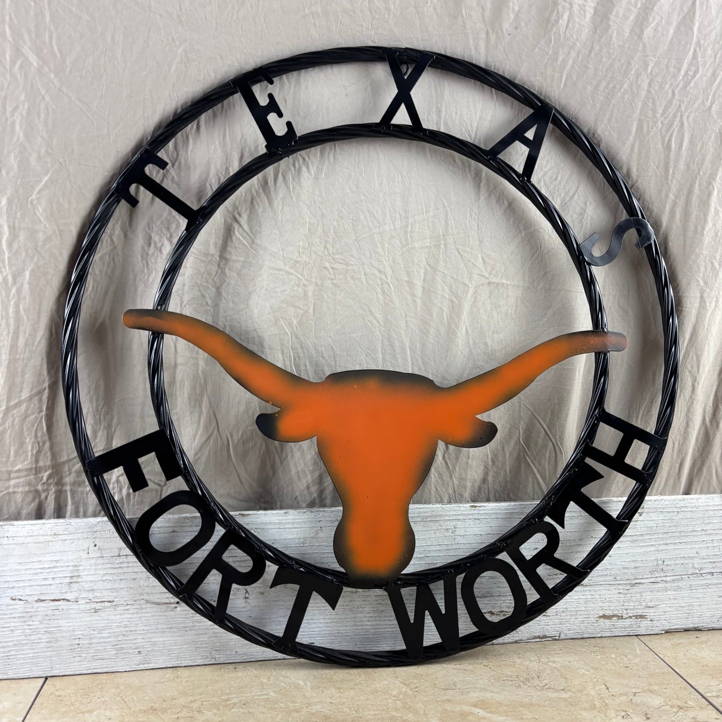 TEXAS FORT WORTH METAL SIGN LONGHORNS ORANGE WESTERN HOME DECOR HANDMADE