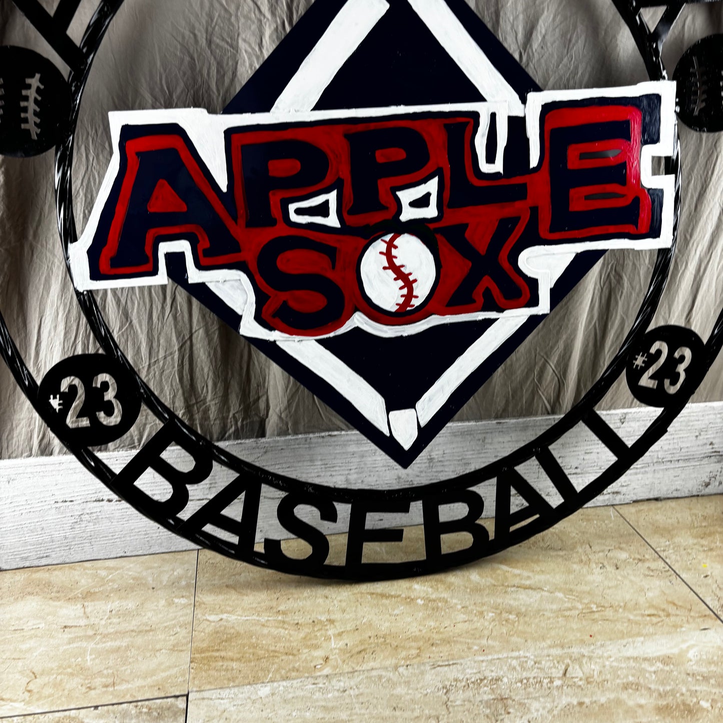 APPLE SOX BASEBALL CUSTOM METAL VINTAGE CRAFT SIGN TEAM NAVY BLUE WHITE RED HANDMADE