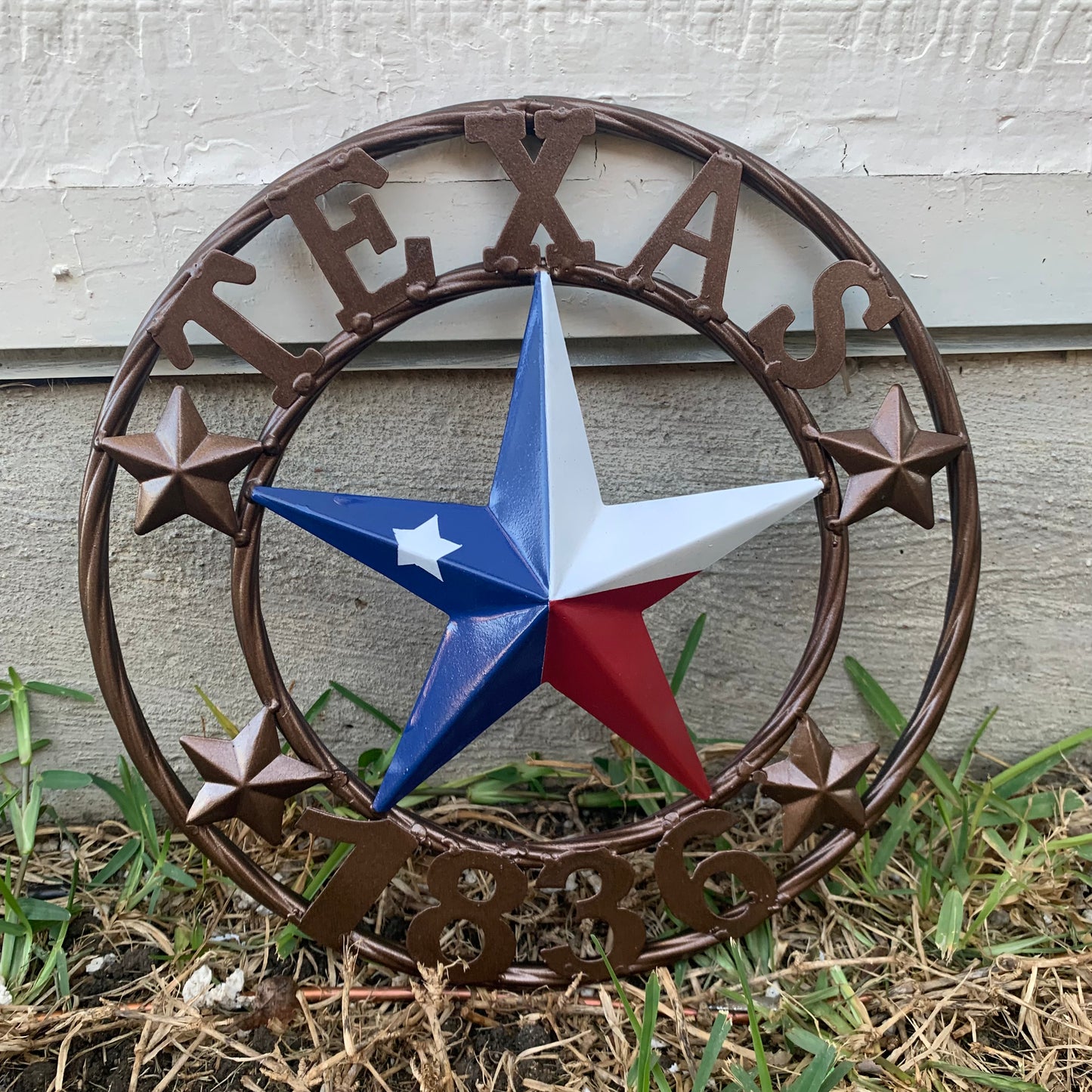 TEXAS FLAG STAR RED WHT BLUE STAR & BRONZE COPPER RING 1836 TEXAS METAL BARN LONE STAR WESTERN HOME DECOR HANDMADE NEW 12",18",24",32",36",50"