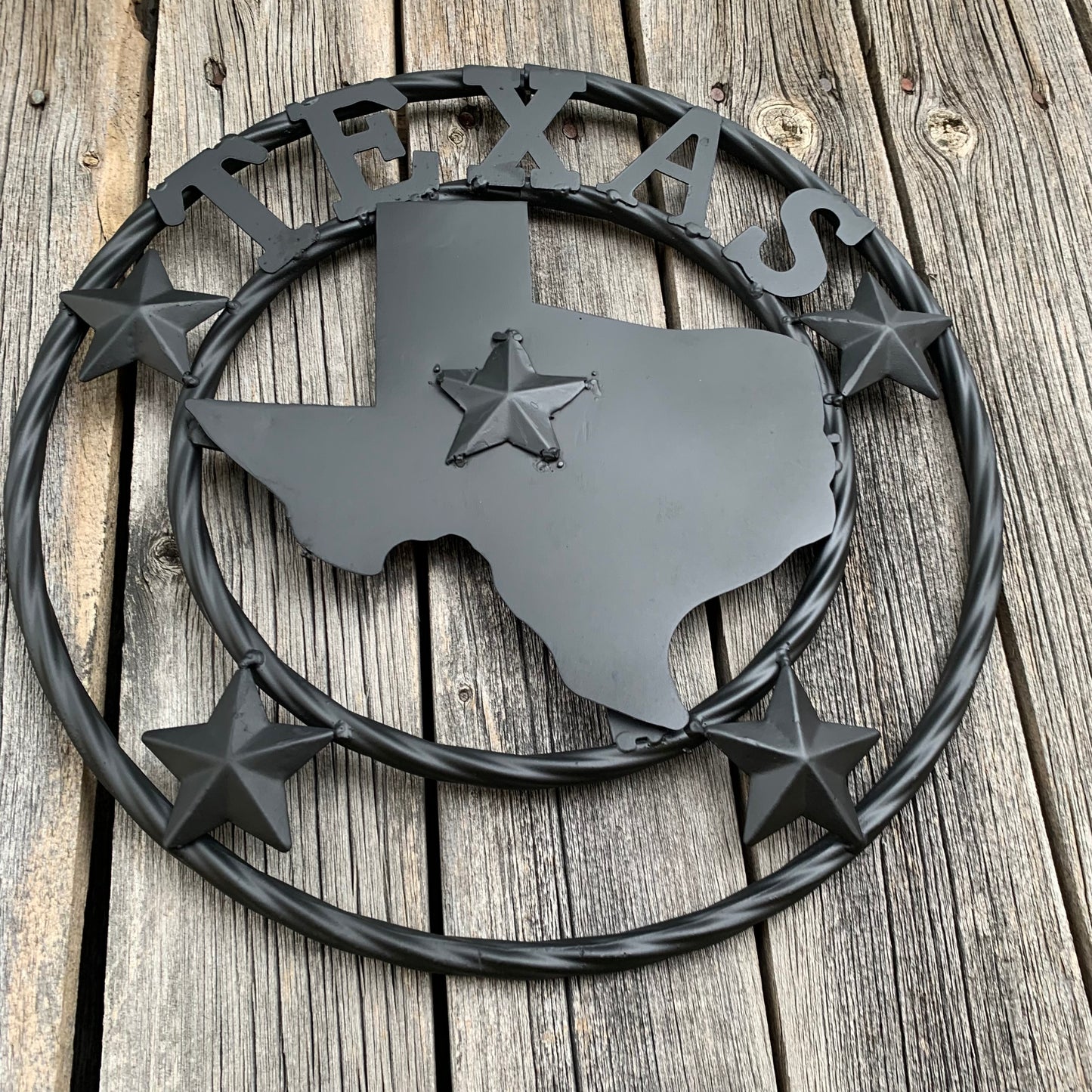 12" STATE OF TEXAS MAP RUSTIC BLACK TWISTED RING METAL SIGN WESTERN HOME DECOR HANDMADE NEW