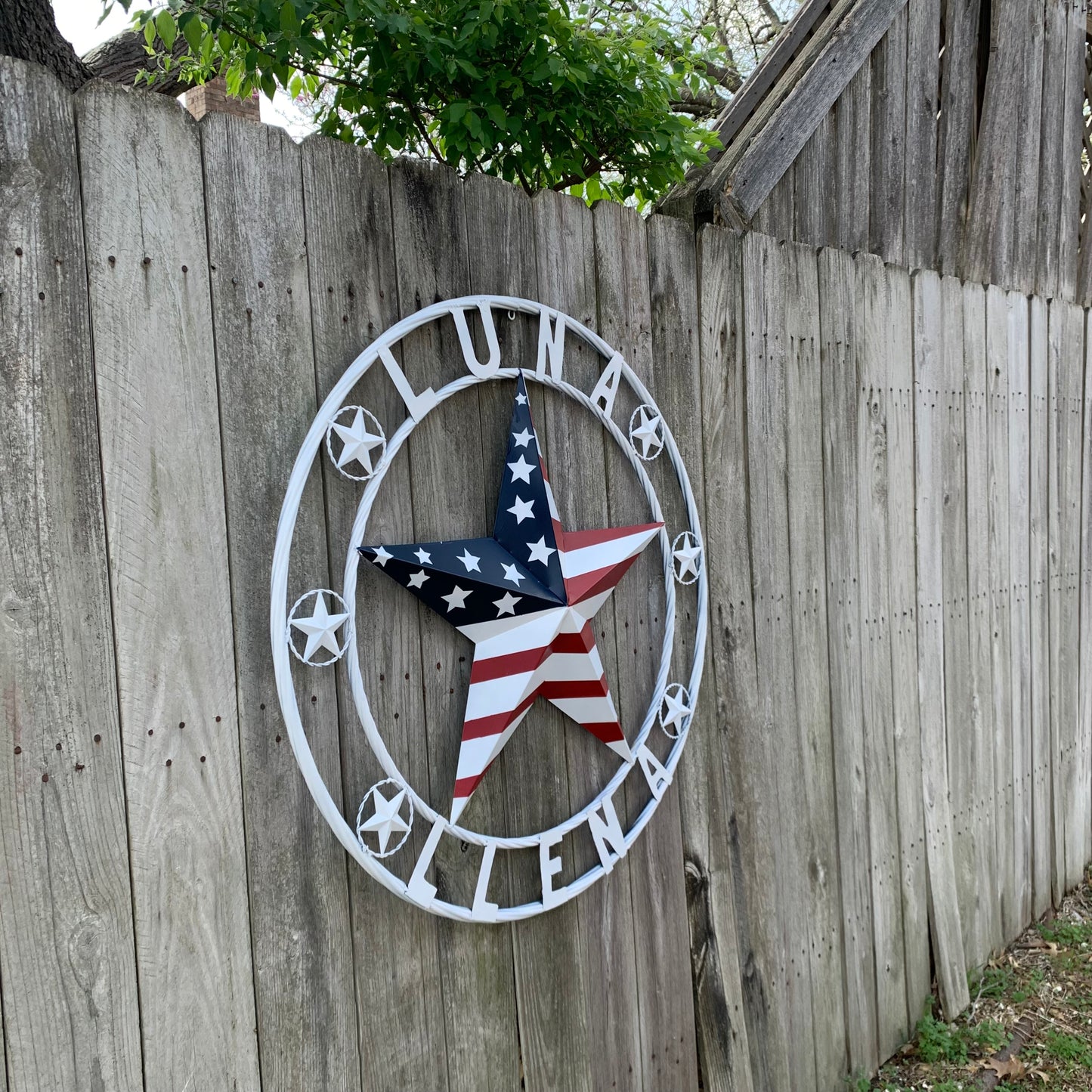 LUNA STYLE CUSTOM NAME BARN STAR METAL STAR 3d TWISTED ROPE RING WESTERN HOME DECOR USA FLAG STAR RED WHOTE & BLUE WITH WHITE RING HANDMADE 24",32",36",50"