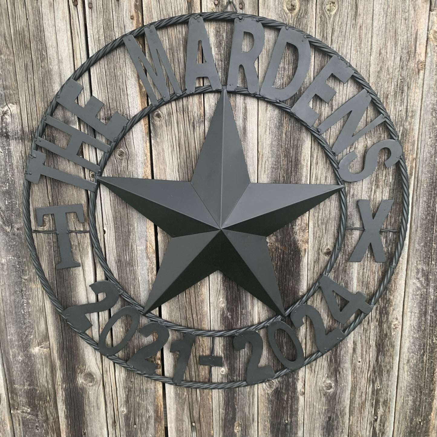 MARDENS STYLE CUSTOM NAME STAR BARN METAL STAR 3d TWISTED ROPE RING WESTERN HOME DECOR RUSTIC BLACK HANDMADE 24",32",36",50"