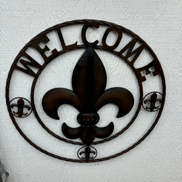 24" WELCOME FLEUR DE LIS METAL WALL ART WESTERN HOME DECOR BROWN NEW #EH11997