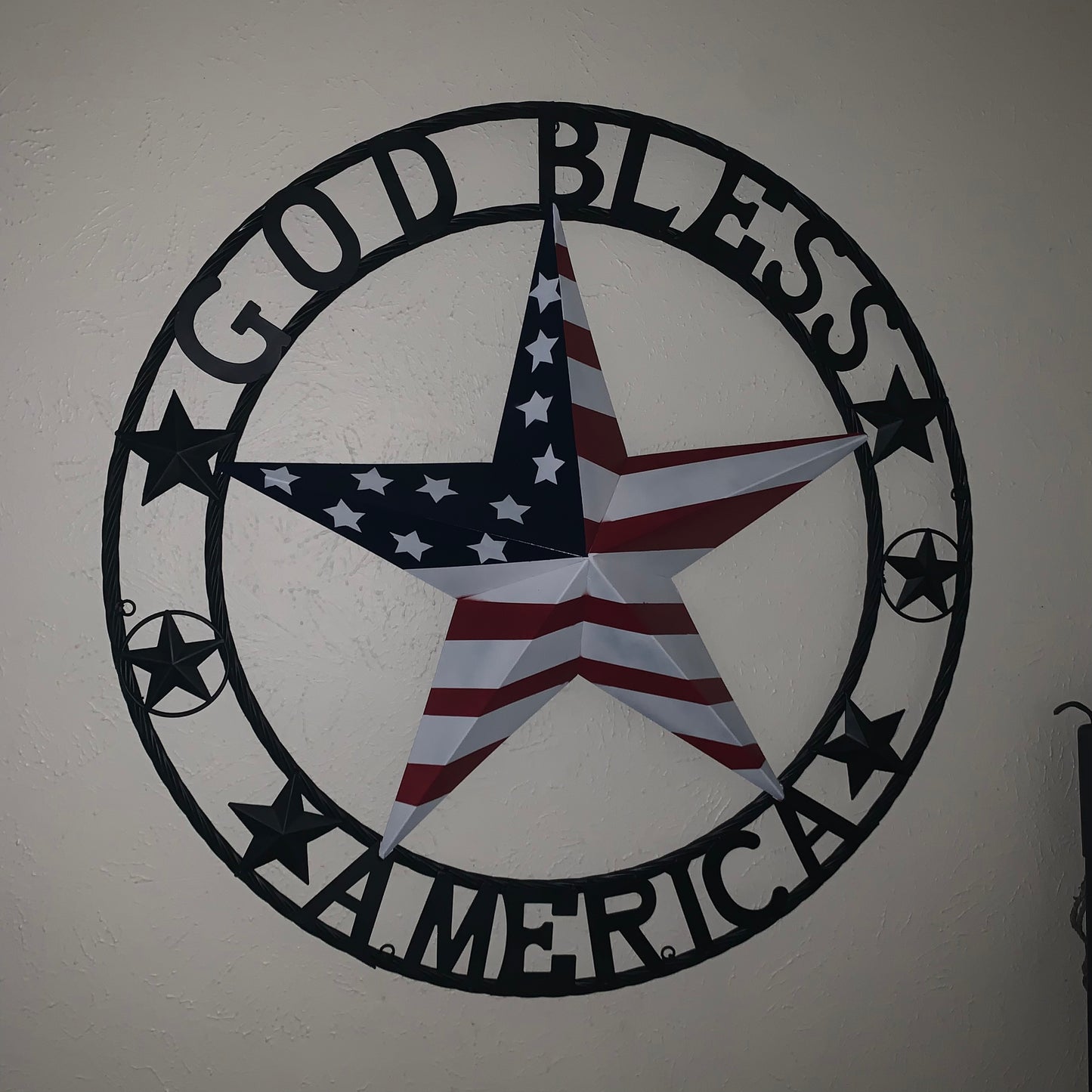 GOD BLESS AMERICA USA FLAG 3d STAR METAL BARN STAR BLACK TWISTED ROPE RING WALL ART WESTERN HOME DECOR RED WHITE & BLUE HANDMADE NEW #EH10490