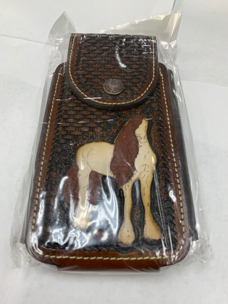 #EH11712 HORSE 7" LEATHER PHONE POUCH EXTRA LARGE BELT LOOP CELL PHONE CASE UNIVERSAL OVERSIZE WESTERN LEATHER ART HANDMADE NEW