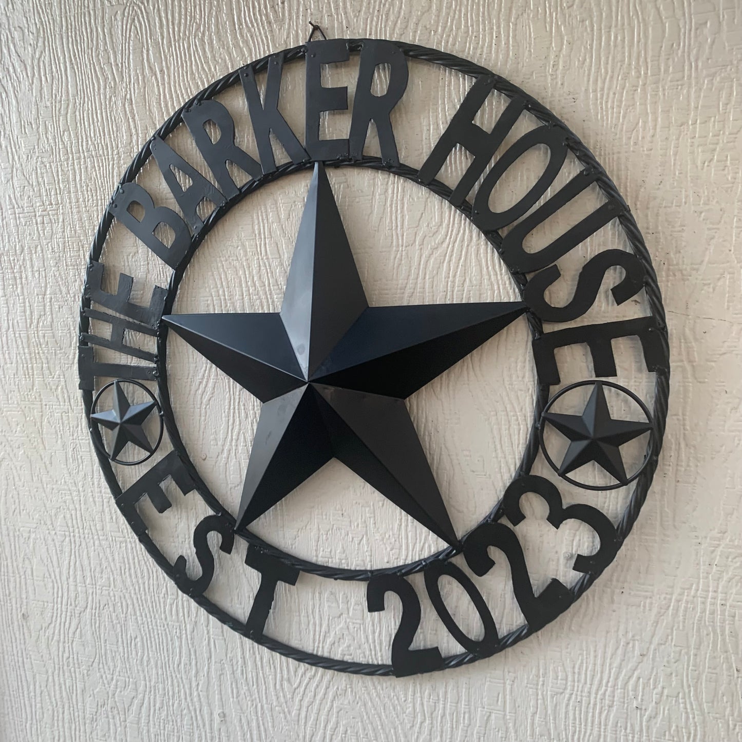 BARKER STYLE CUSTOM NAME STAR BARN METAL STAR 3d TWISTED ROPE RING LONESTAR WESTERN HOME DECOR RUSTIC BLACK HANDMADE 24",32",36",50"