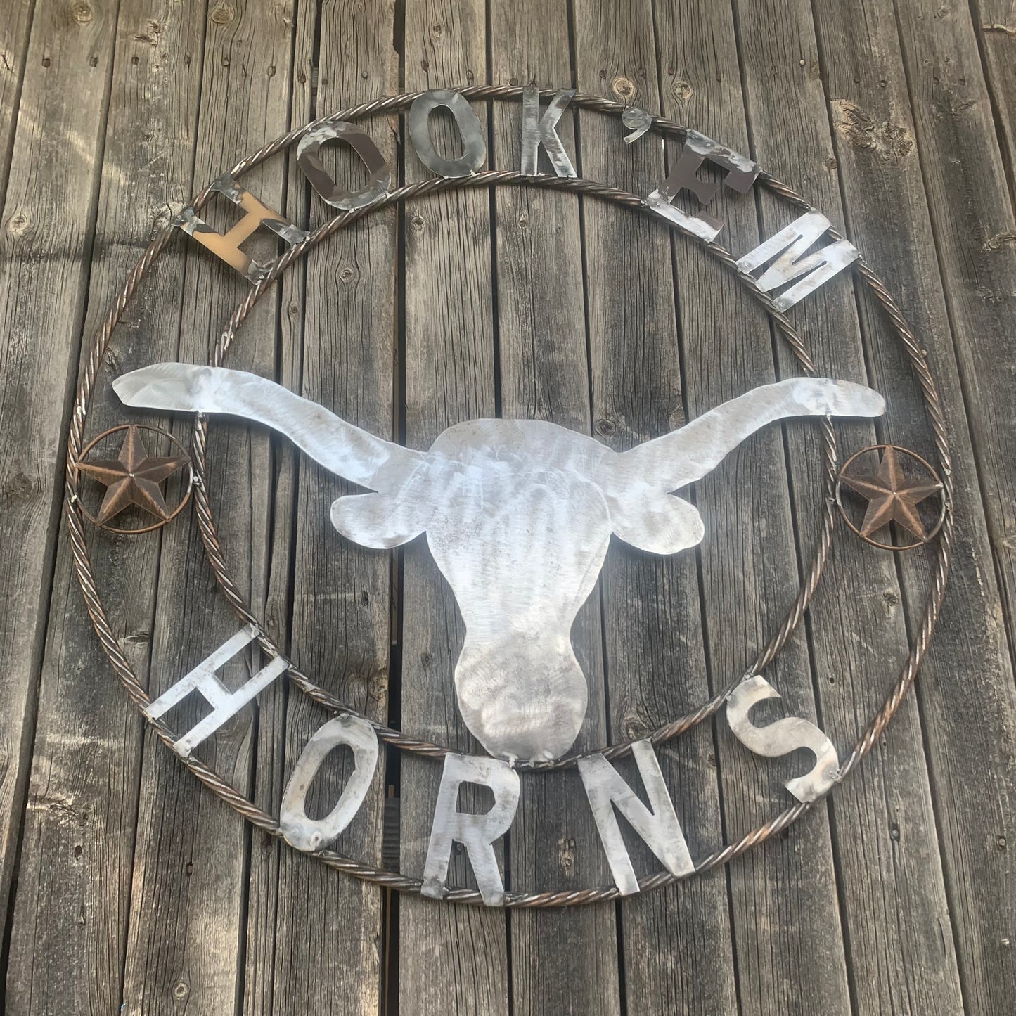 HOOKEM HORNS & LONE STAR TEXAS LONGHORNS HOOK EM RAW METAL UNPAINTED CUSTOM VINTAGE CRAFT WALL ART TEAM SIGN HANDMADE