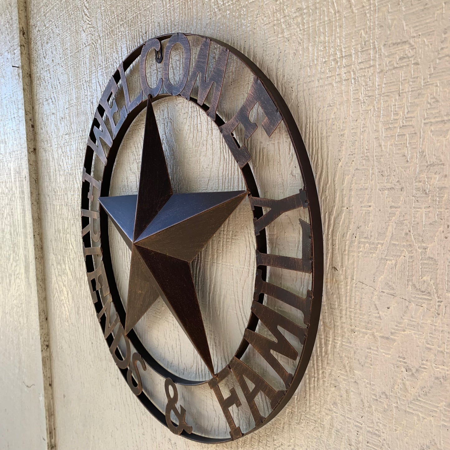 WELCOME FRIENDS FAMILY BARN METAL STAR WALL ART BRONZE WESTERN HOME DECOR HANDMADE NEW #EH13339