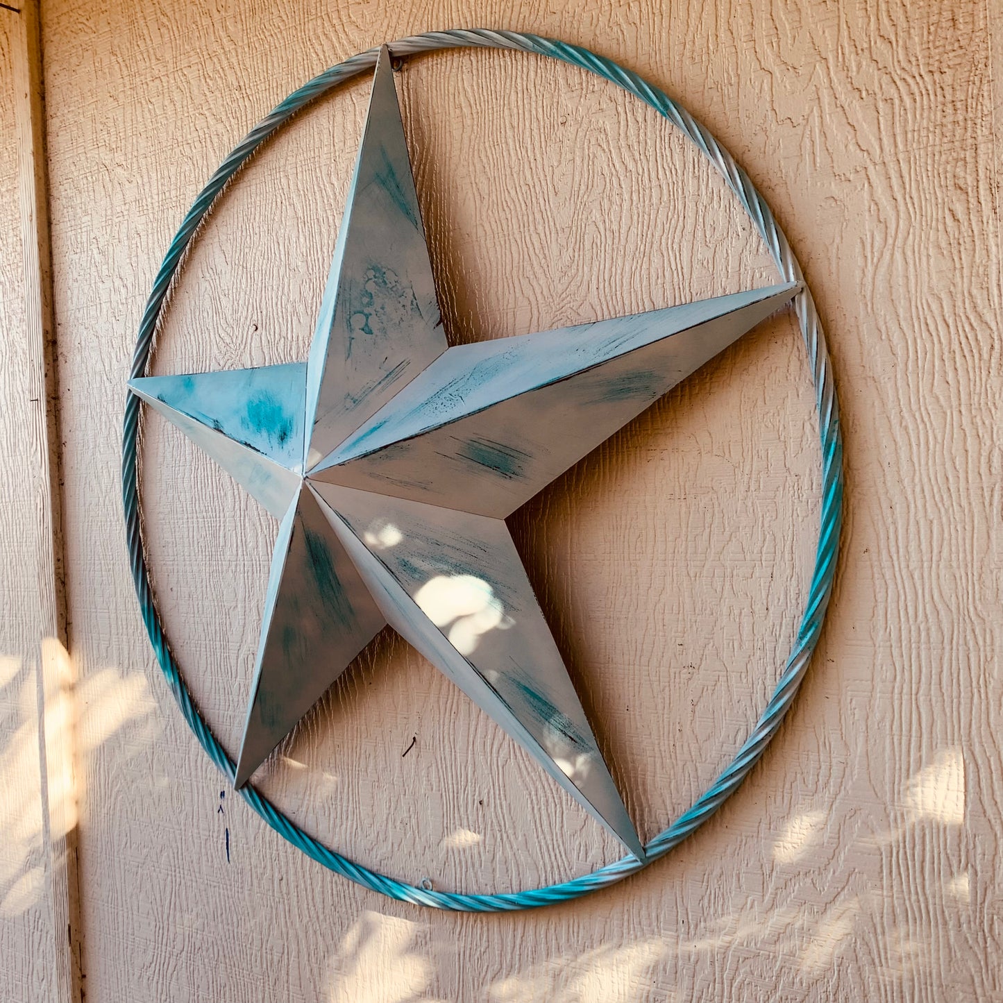 #EH11219 TURQUOISE WHITE DISTRESSED STAR TWO TONE TEXTURE BARN STAR METAL LONESTAR TWISTED ROPE RING WESTERN HOME DECOR HANDMADE NEW