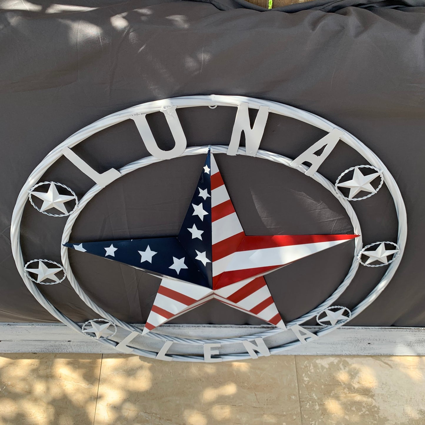 LUNA STYLE CUSTOM NAME BARN STAR METAL STAR 3d TWISTED ROPE RING WESTERN HOME DECOR USA FLAG STAR RED WHOTE & BLUE WITH WHITE RING HANDMADE 24",32",36",50"