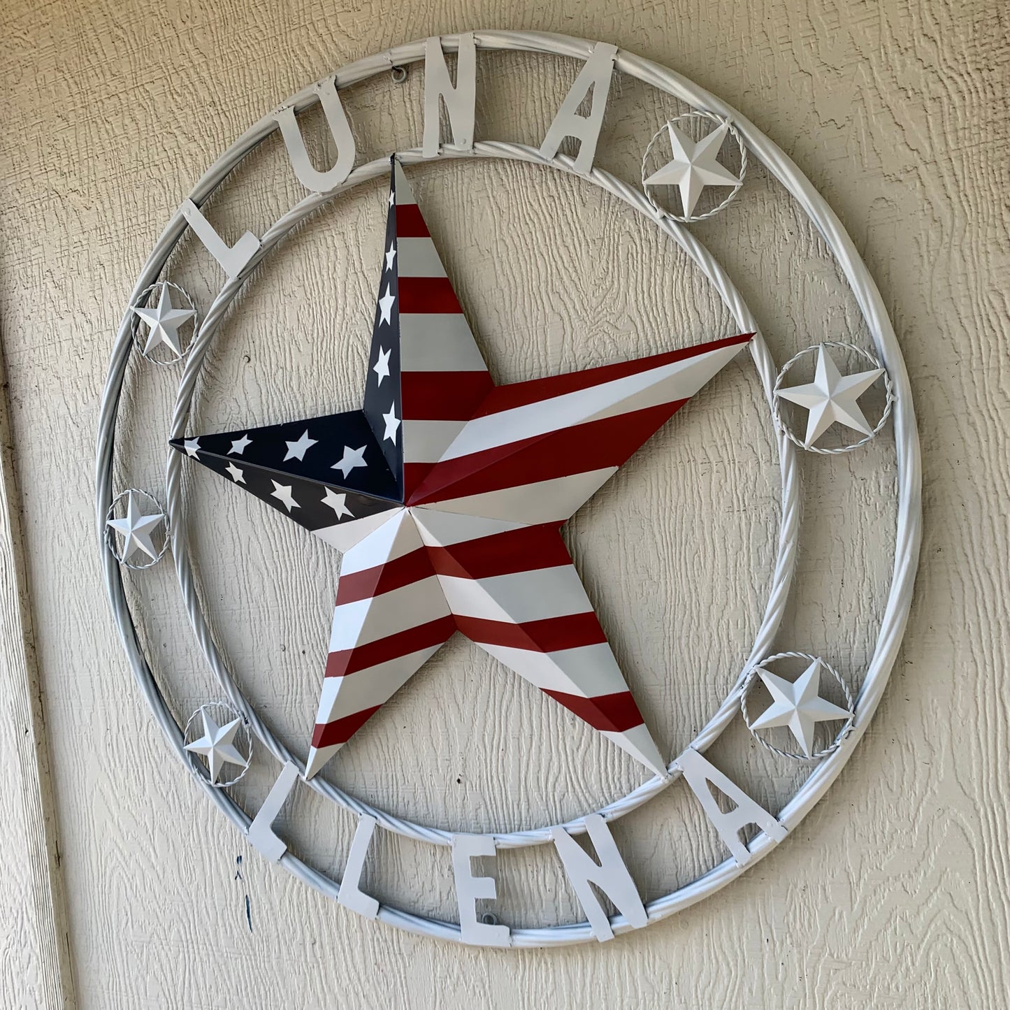 LUNA STYLE CUSTOM NAME BARN STAR METAL STAR 3d TWISTED ROPE RING WESTERN HOME DECOR USA FLAG STAR RED WHOTE & BLUE WITH WHITE RING HANDMADE 24",32",36",50"