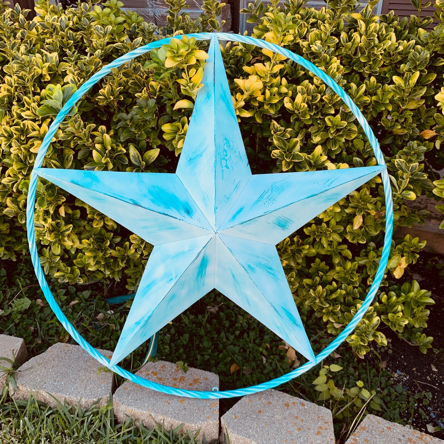 #EH11219 TURQUOISE WHITE DISTRESSED STAR TWO TONE TEXTURE BARN STAR METAL LONESTAR TWISTED ROPE RING WESTERN HOME DECOR HANDMADE NEW