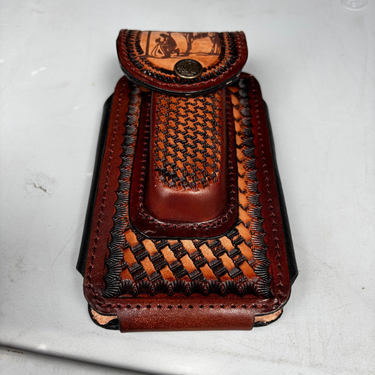 COWBOY PRAYER LEATHER HOLSTER 7" PHONE POUCH WITH KNIFE HOLDER FRONT EXTRA LARGE  BELT LOOP CELL PHONE CASE UNIVERSAL OVERSIZE MADE IN MEXICO #EH13861